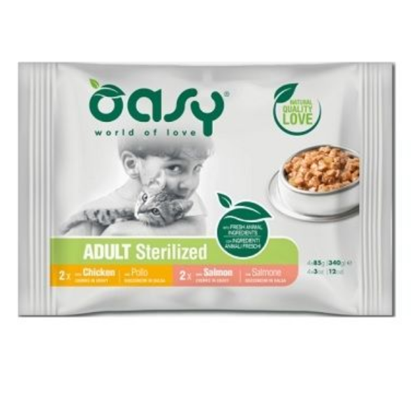 Oasy Bocconcini in Salsa Pollo e Salmone 4x85gr per Sterilizzati Oasy Bocconcini in Salsa Pollo e Salmone 4x85gr per Sterilizzati